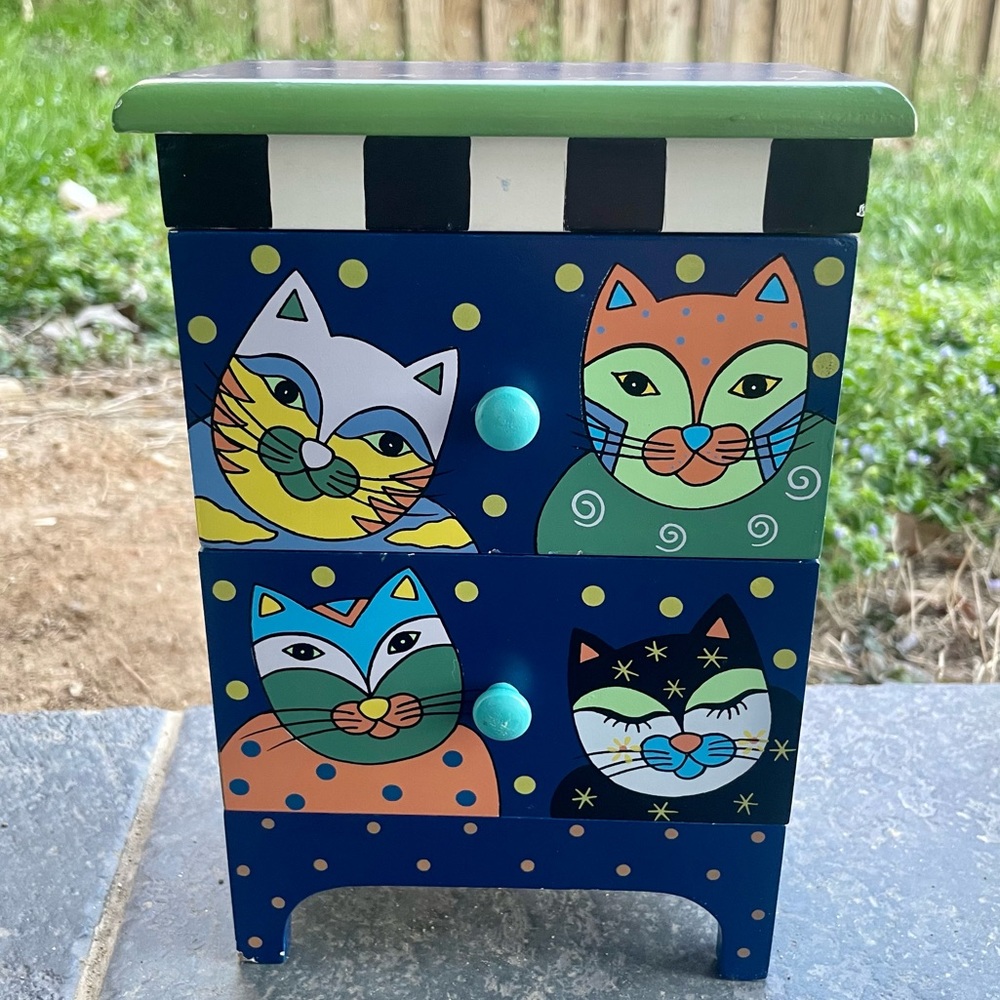 Vintage Milson & Louis Cat Hand Painted Wooden Jewelry Chest of Drawers